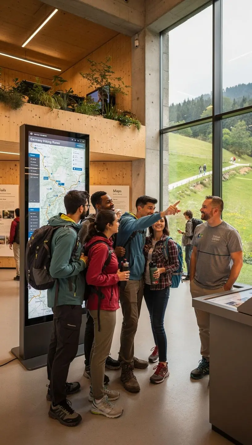 Wanderer packt Rucksack mit ausgeliehener Ausrüstung vor Beginn der Tour in Deutschland.