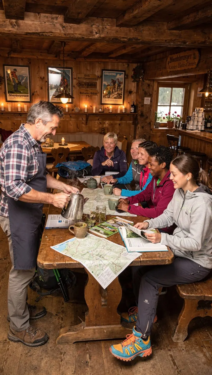 Berater im Wanderzentrum erklärt Tourenvorschläge und gibt praktische Tipps für sicheres Wandern.