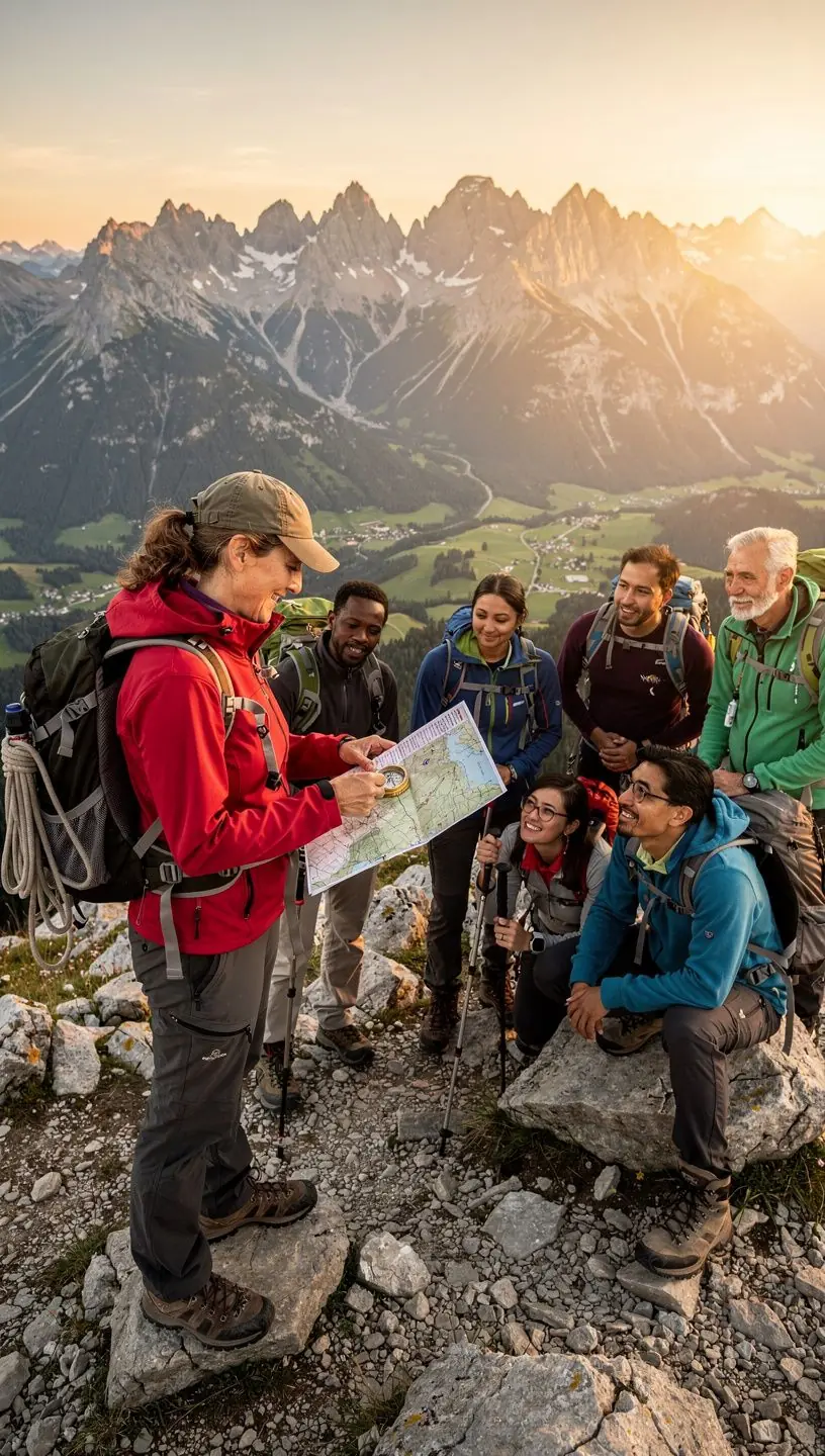 Gruppe von Wanderern genießt Rast auf sonnigem Bergpfad mit Blick auf deutsche Naturkulisse.