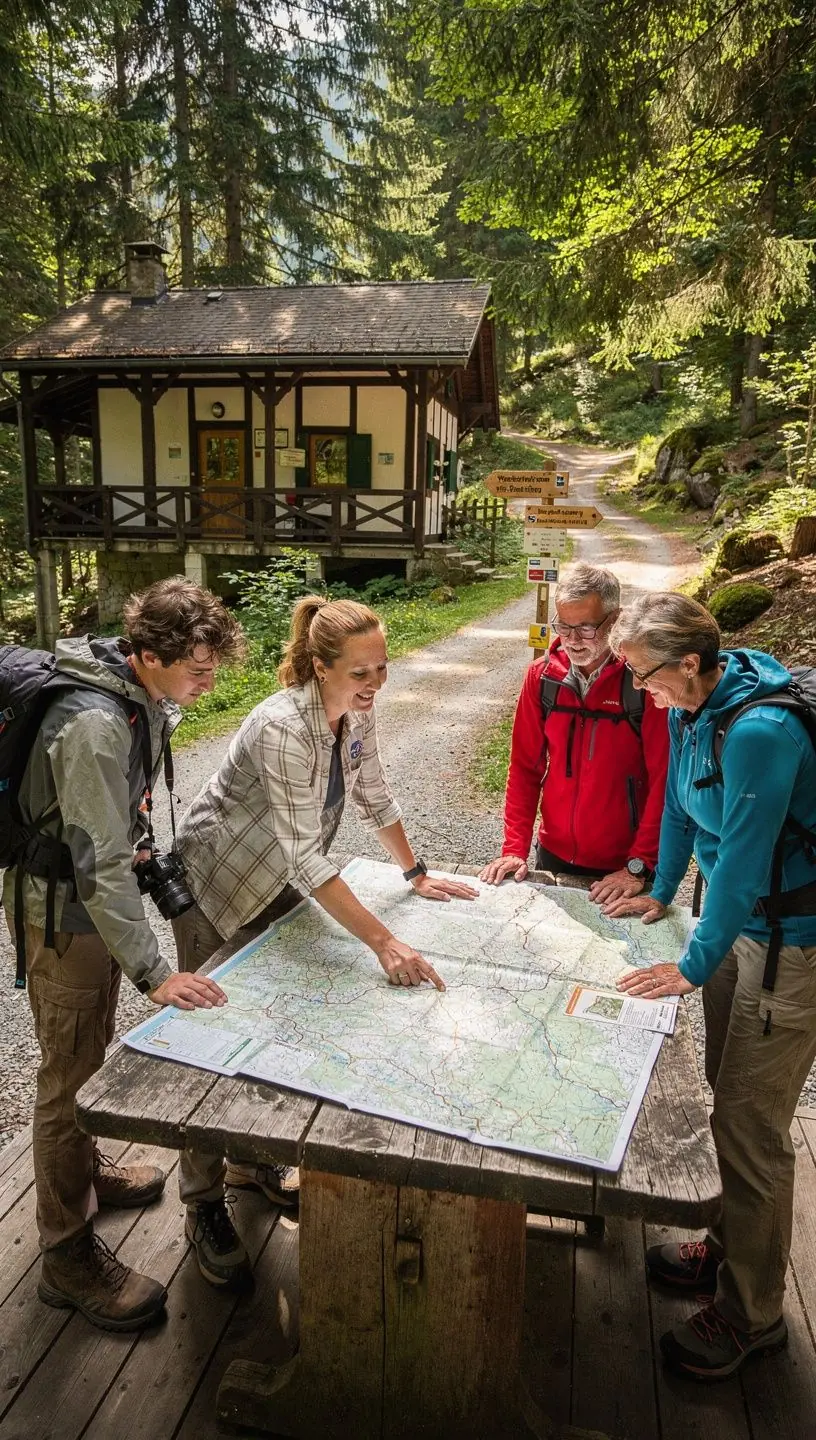 Geführte Wandergruppe erkundet malerische deutsche Mittelgebirgslandschaft unter professioneller Anleitung.